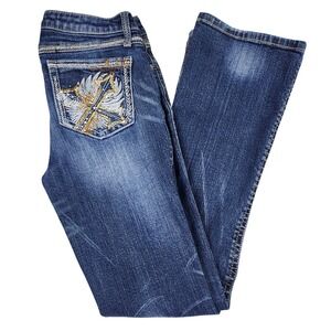 Rock 47 Wrangler Jeans Womens 7/8x32 Blue Bootcut Embroidered Low Rise Y2K Boho